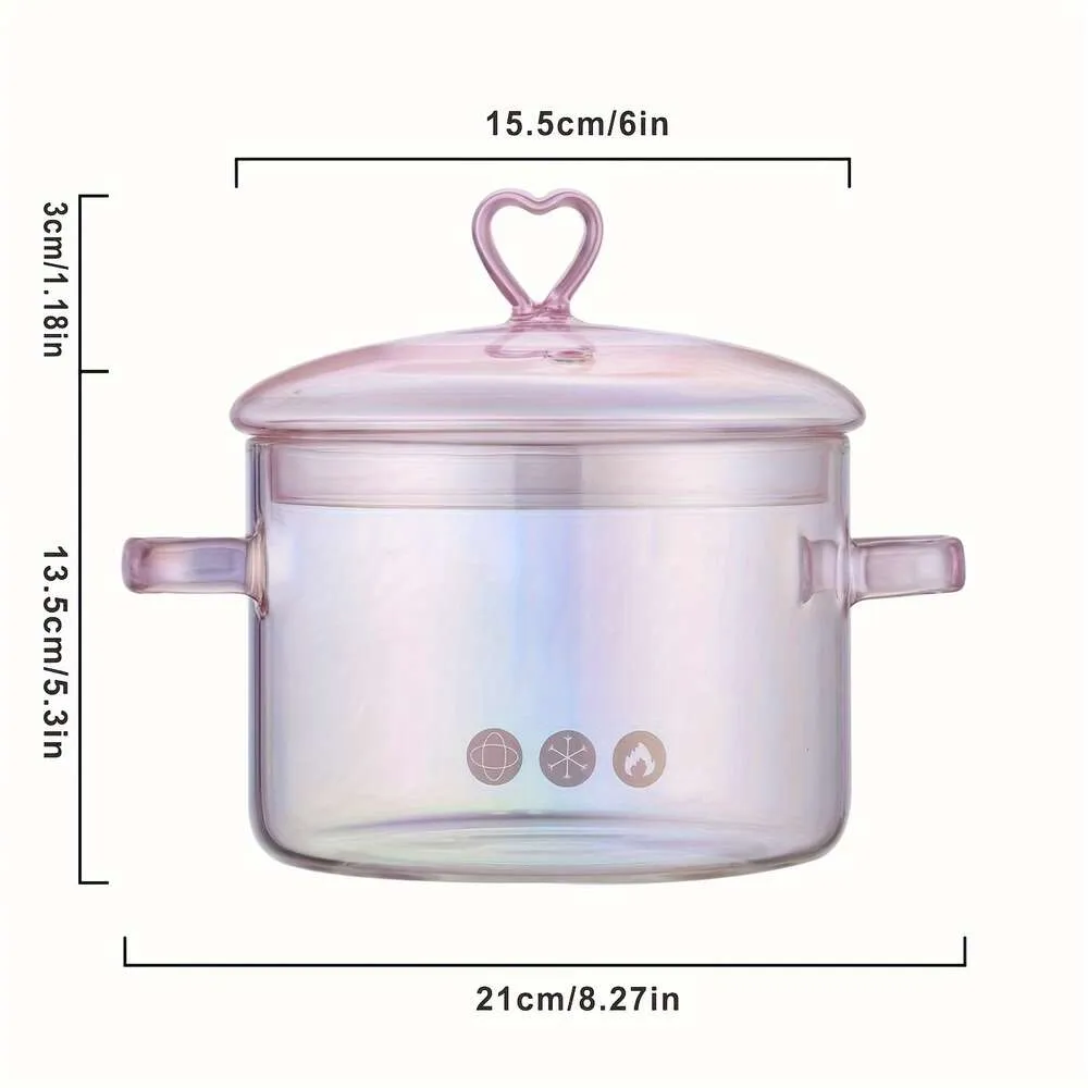 1 couvercle et poignée en verre à haute teneur en borosilicate de 1 000 g, cuisson sur cuisinière avec couvercle en verre résistant à la chaleur, marmite à soupe transparente, rose translucide