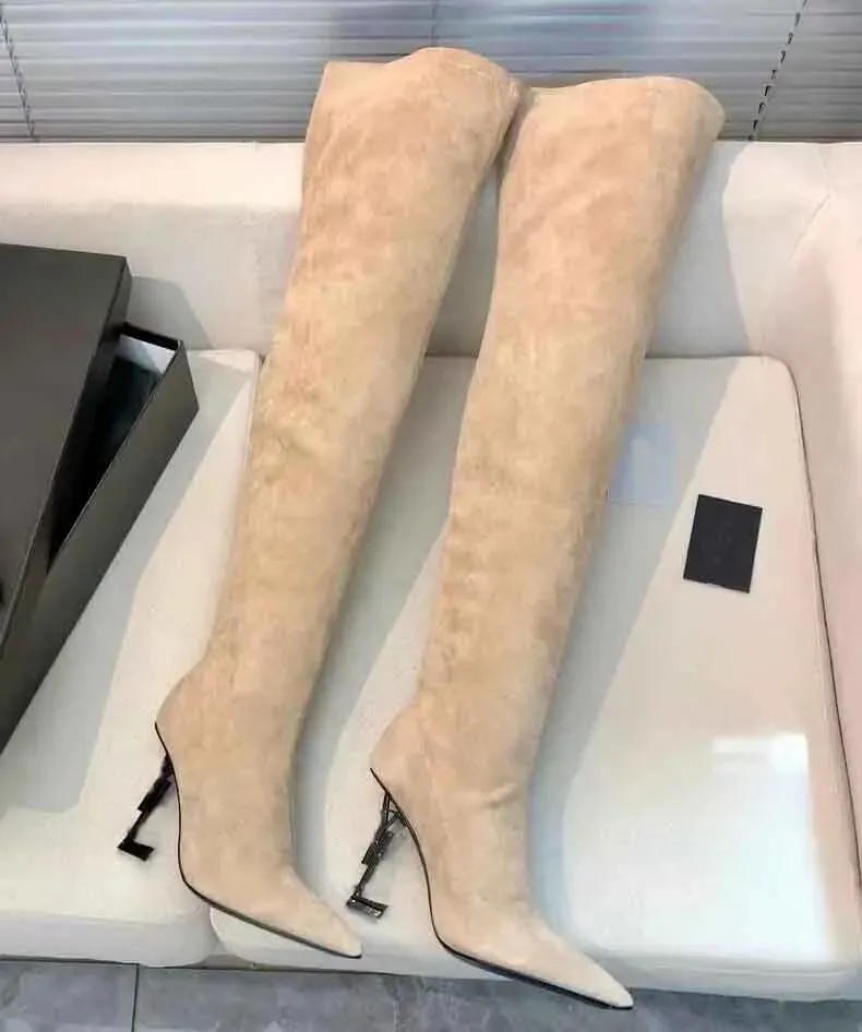Nova marca de inverno de luxo Opyum Long Knee Boots Mulheres Salto Alto Dedo Apontado Senhora Vestido Festa de Casamento Conforto Caminhada Saltos Coxa-Alta Bota Sapato EU35-43 Caixa