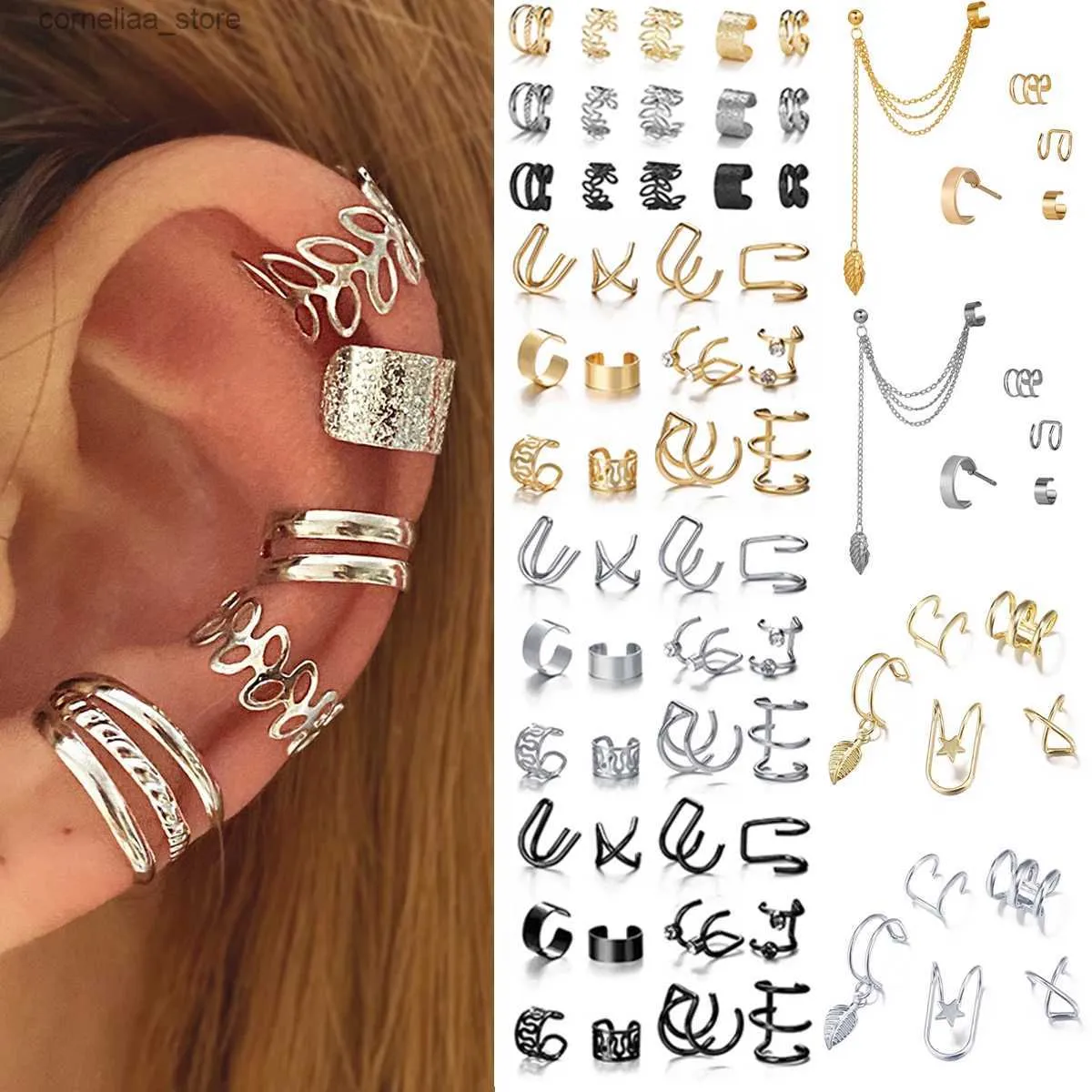 Mankiet uszy mankiet uszy lats srebrny liść klipsów odpowiednie do kobiet kreatywność prosta c rękawy Nie Perforowany Uch Ear Zestaw Trendy biżuterii Y240326