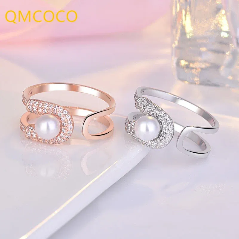 Cluster Ringen QMCOCO Zilver Kleur Dubbeldeks Open Verstelbare Parel Ring Fijne Sieraden Voor Vrouwen Meisje Huwelijksgeschenken 2024 Trendy