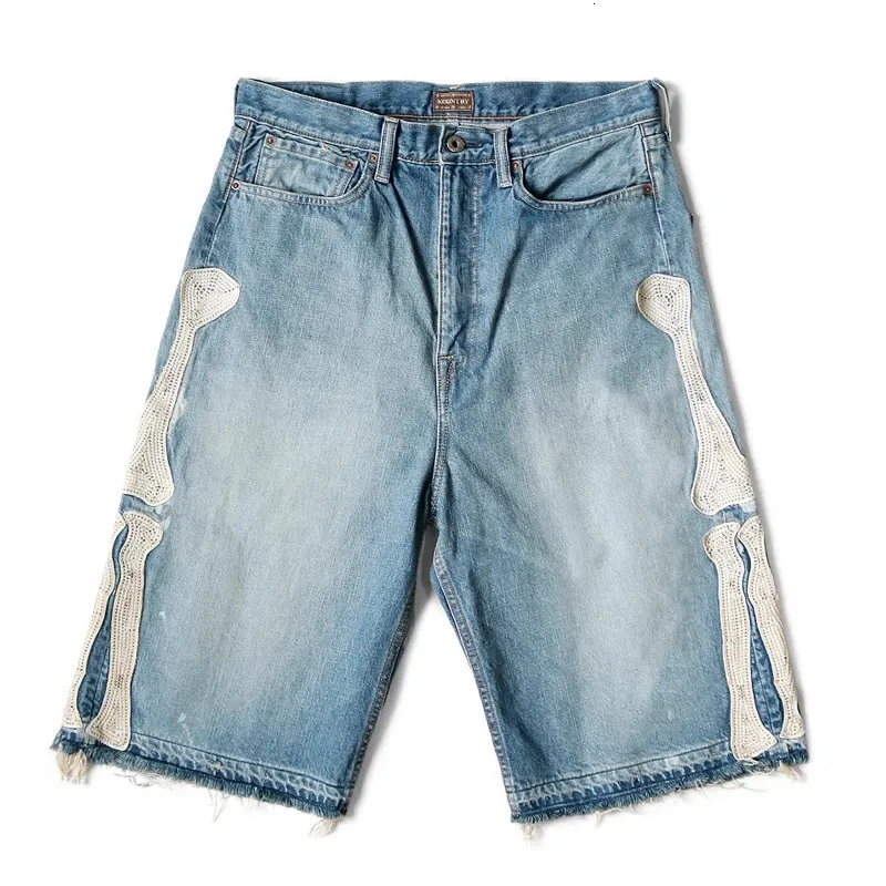 Kapital Hirata Hohiro losse ontspannen broek geborduurde botwas gebruikt rauwe rand denim shorts voor mannen en vrouwen casual jeans 240321