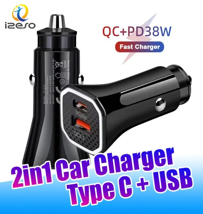 20W PD Carger 2IN1 QC 30 Z TYP C Szybki adapter ładowania ładowacze samochodowe dla iPhone'a Samsung Izeso Izeso2554871