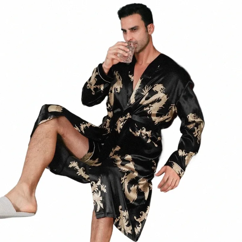 Pyjama pour hommes printemps et automne style mince pyjama surdimensionné pyjamas à manches LG peignoirs en soie glacée vêtements de maison été P6jh #