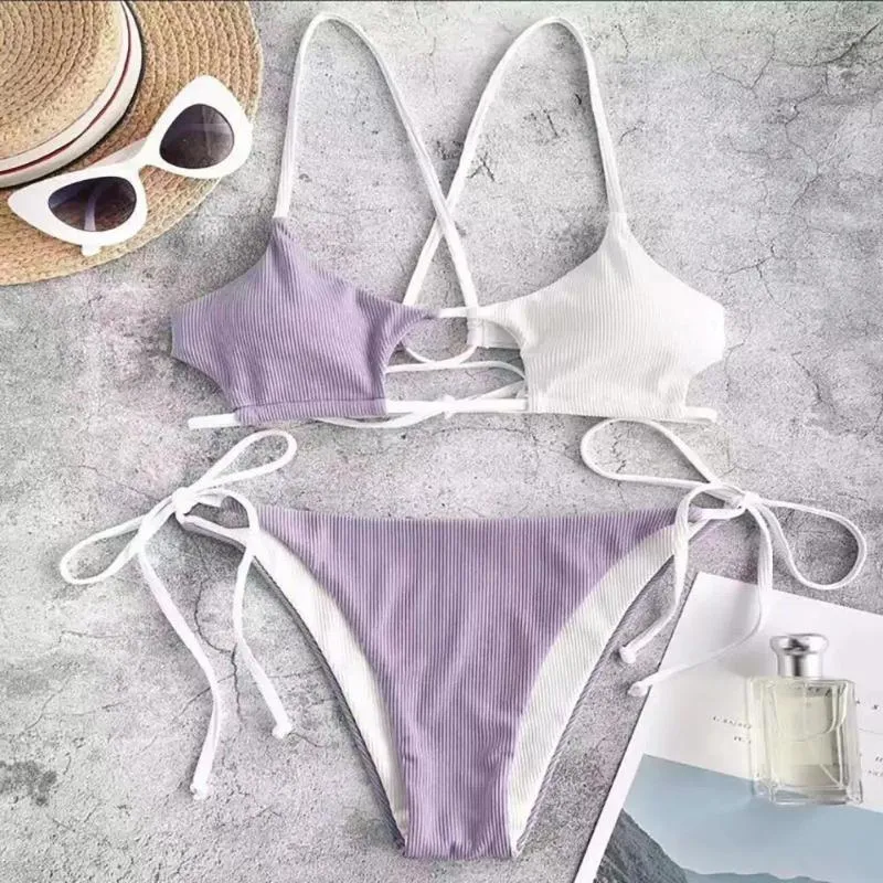 Women's Swimwear Back Bikini Sexy Lace-up Set For Women Push Up Summer Beachwear Contrast Color Sling Bra Quick Drying Brazilian