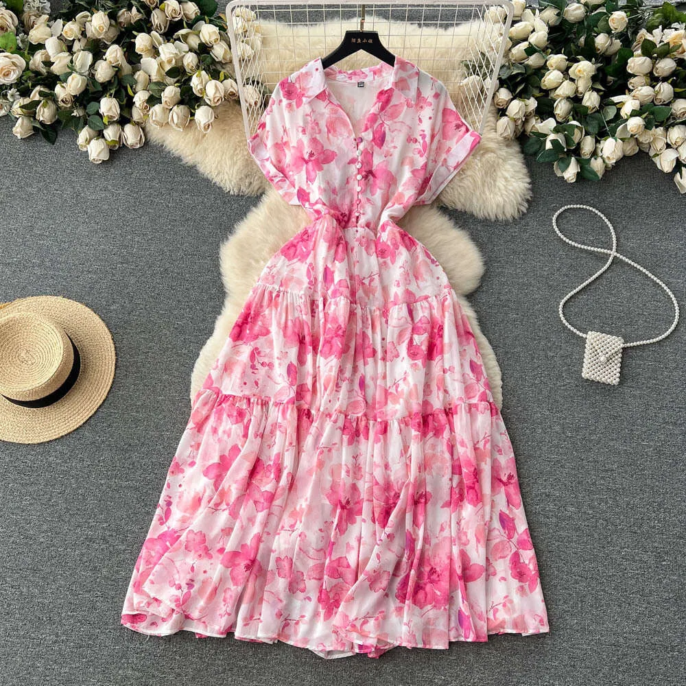 Платье в праздничном стиле из французского шифона для женщин летом, новый стиль для похудения с поясом, элегантная и большая распашная юбка 254743