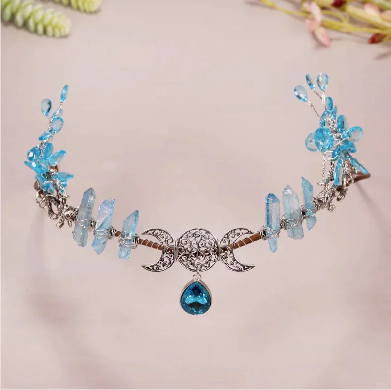 Déesse Quartz Couronne Cristal Fée Diadèmes Forêt Croissant Cheveux Bijoux Casque Collier De Bal De Mariage De Mariée Pour Les Femmes Cadeaux 240311