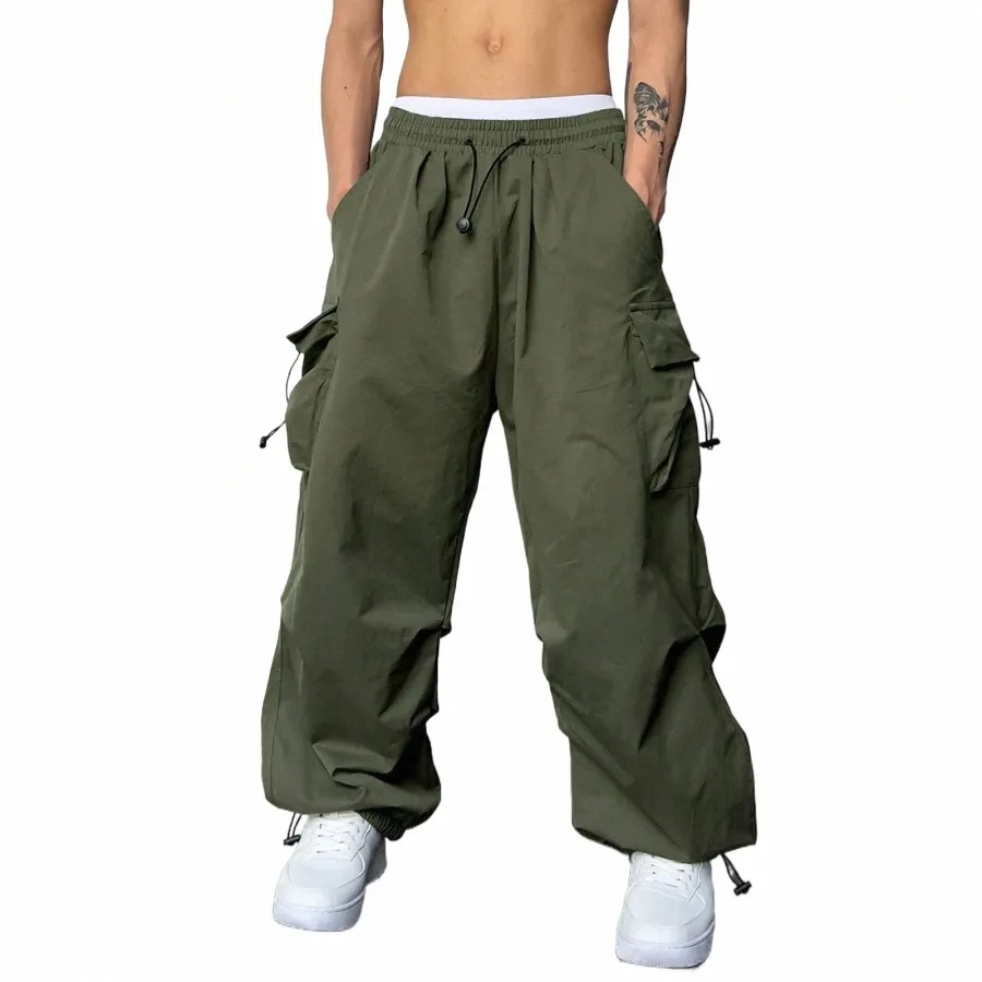 Mens Y2K Cargo Pant Cor Sólida Baggy Bolsos Táticos Calças Harajuku Streetwear Oversized Tecido Calças Soltas Harem Pants 82Yn #