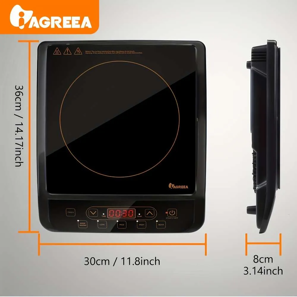 IAGREEA Tragbarer Induktionskochertisch, 5 einstellbare Temperaturen, Elektroplatten -Oberbrenner, Timer, Abschaltung, LED -Anzeige, automatische Topferkennung