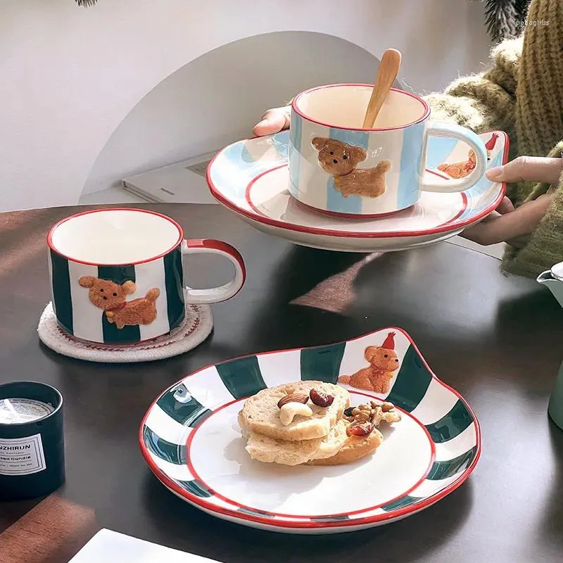 Kopjes Schoteltjes 350 ml handgeschilderde Leuke Hond Keramische Mok Set Koffie En Water Kopje Ontbijt Met Plaat Woondecoratie Kantoor