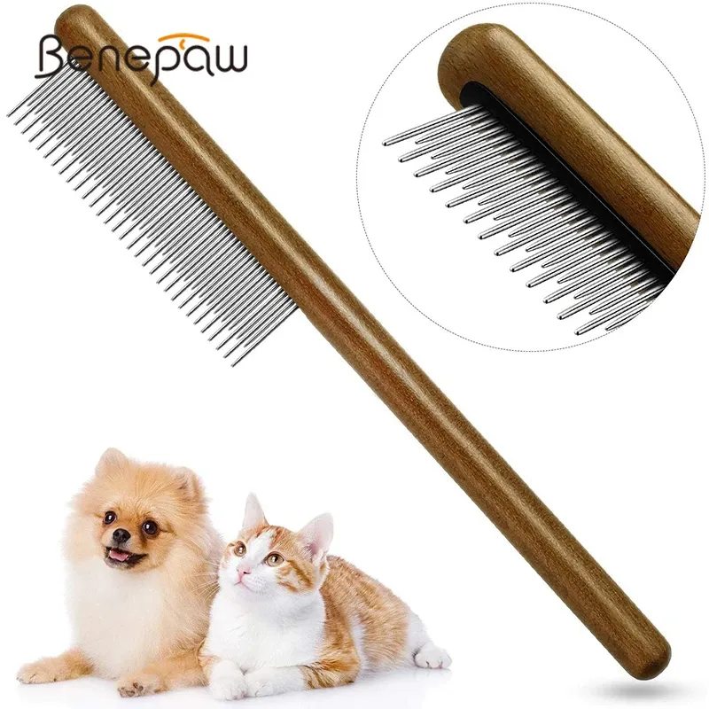 Combs Benepaw Professional Dog Comb Bekvämt trähandtag Kort långa tänder Petkam för att ta bort mattade löst hårknuttävlingar