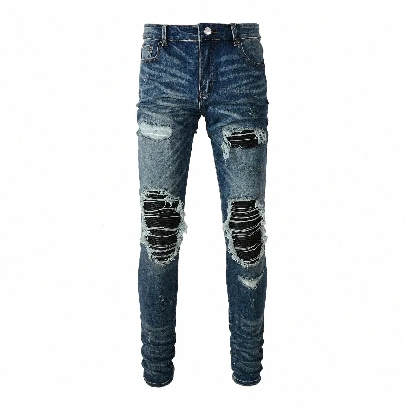 Männer Leder Patch Biker Jeans Skinny Tapered Stretch Denim Blau Hosen Streetwear Patchwork Löcher Zerrissene Hosen 721W #