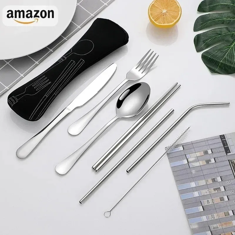 2024 /Set Dinnerware Portable Printed Knifes Fork Spoon Stainless Steel Family Camping Steak Cutlery Tableware with Bag