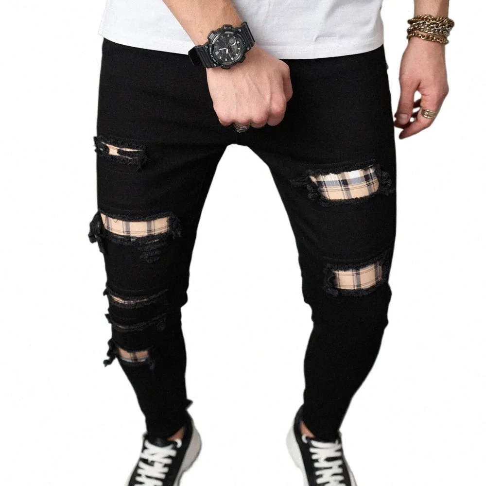 Männer Neue Streetwear Ripped Patch Dünne Jeans Hosen Stilvolle Männliche Löcher Casual Bleistift Denim Hosen Z48G #
