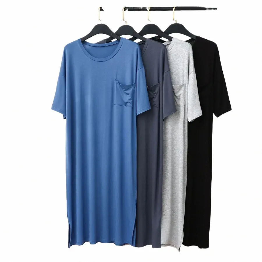 модальные мужские пижамы Lg длиной до колена с короткими рукавами средней длины свободные цельный халат большого размера домашняя мужская ночная рубашка топы для сна G4Dy #