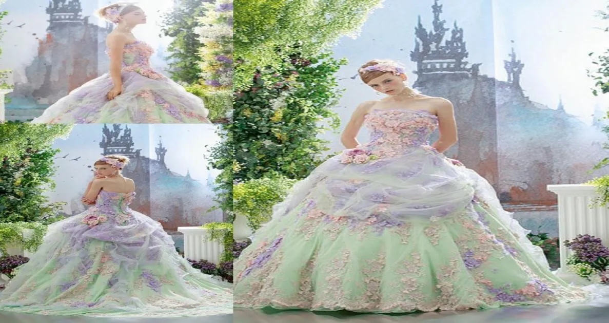 Colorful Flower Ball Gown Wedding Dresses Lace Applique Tulle Covered Lace Up Back Bridal Gowns Strapless Custom Made Wedding Dres6451780