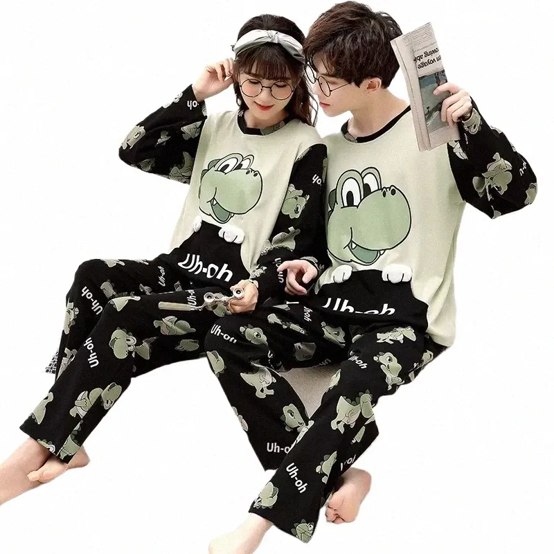 Outono Carto Dinosaur Mulheres Homens Pijama Set Casais Pijamas Coreano Solto Unisex Pijamas Mujer Lg Manga Cott Pijama l5AE #