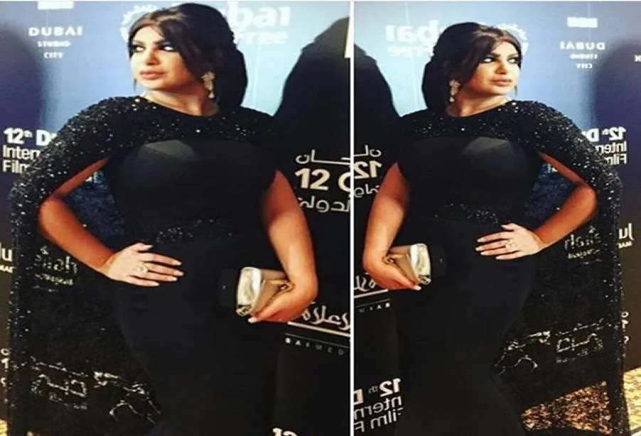 Black Evening Celebrity Dresses Nancy Ajram 2016 med Bling Lace Cape Middle East Red Carpet Dresses Vestidos de Formatura2029815