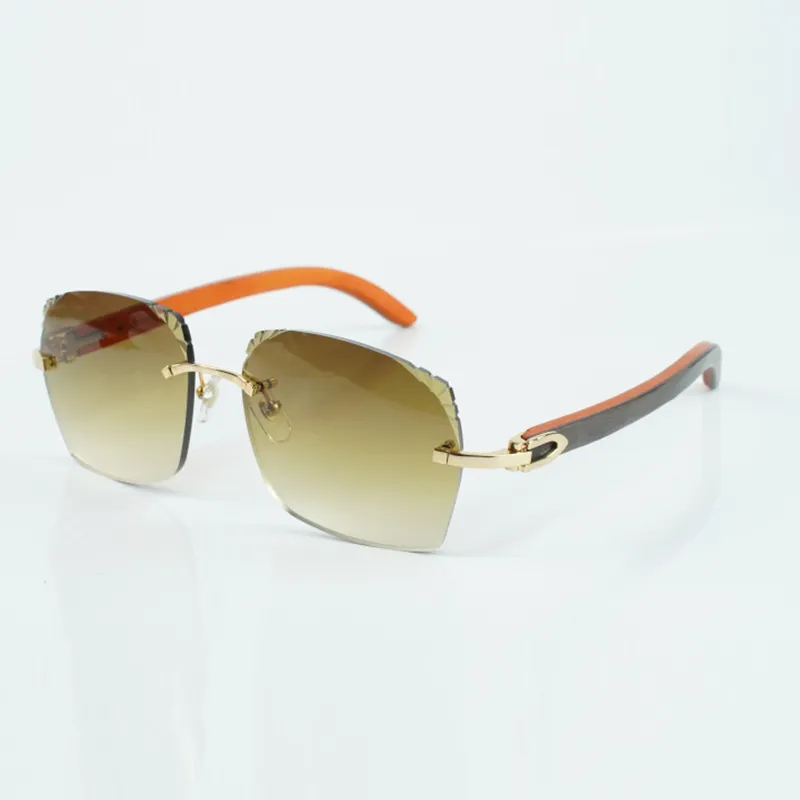 Neuester heißer Verkauf Exquisiter Stil 3524018 Sonnenbrille mit Mikro-Schnittlinsen, natürliche orange Holzbügelbrille, Größe: 18-135 mm