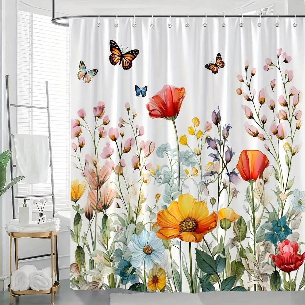 Garden Landscape Flowers Yellow Daisies Butterflies Plant Floral Landscapes Pattern, Modern and Stylish Home Shower Curtain, Bathtub Partition Curtains