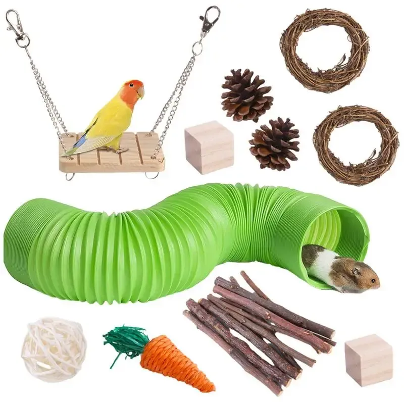 Tunnels Hamster Chew Toy Set Natural Wooden Hamster Toys And Accessories For Cage Guinea Pig 11Pcs Chew Toy Teeth Small Animal Toy