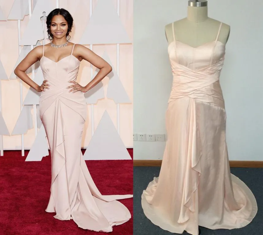 2015 Oscar Red Carpet Celebrity Dresses Nude Pink Sheath Spaghetti Corset Boned Bodice samlade med Ruffles Zoe Saldana Dresses D3978409