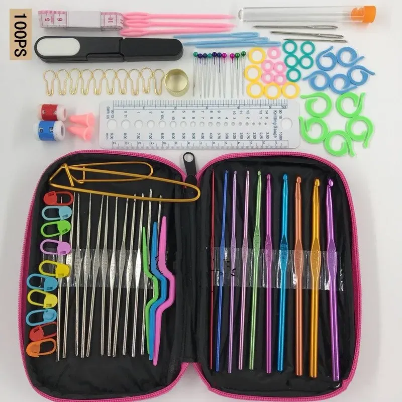 Knitting 100Pcs Crochet Hooks Set DIY 22 Sizes Crochet Hooks Needles Markers Weaving Sewing Tools Stitches Knitting Craft Scissors