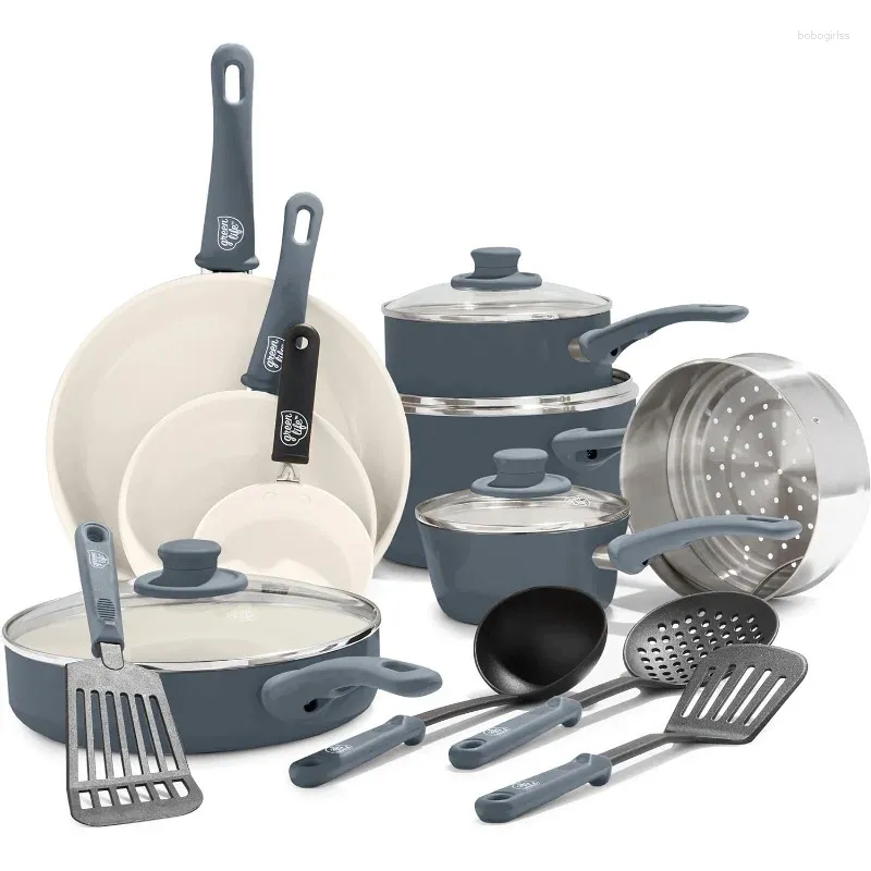 Cookware Sets GreenLife Soft Grip Healthy Ceramic Nonstick 16 Piece Kitchen Pots And Frying Sauce Saute Pans Set PFAS-Free