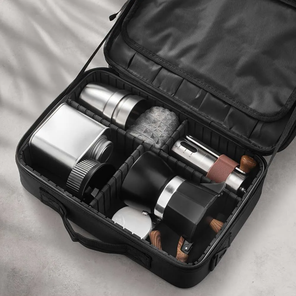 1set, Espresso Classic Italian and Cuban Percolator Set, Travel Maker Set with Portable Bag, Included Moka Pot, Dosing Funnel, Grinder, Canister, Filter Paper,