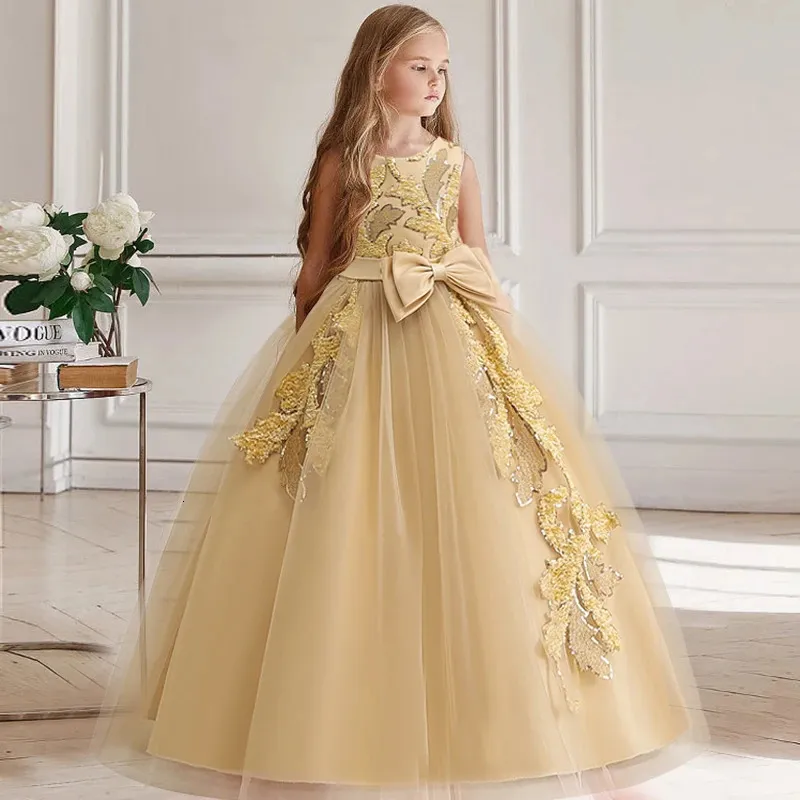 Meisje feestjurk bruidsmeisje prinsesbloem voor bruiloft elegante kinderen boog lange jurk kinderen formele galadekten 12 13 y vestidos 240318