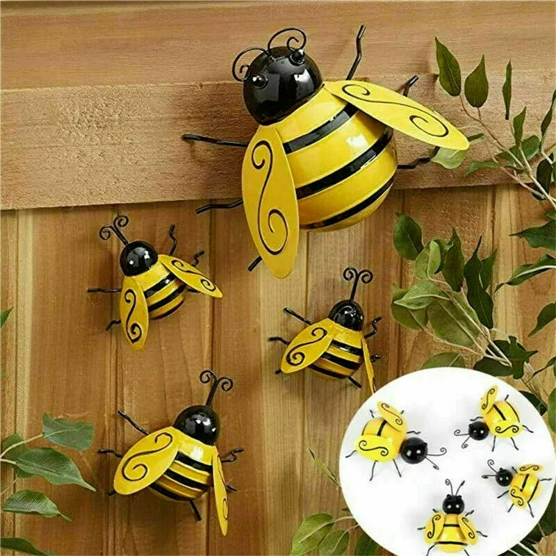 Sculptures 4PCS Decorative Metal Art Bumble Bee Backyard Garden Accents Wall Ornament