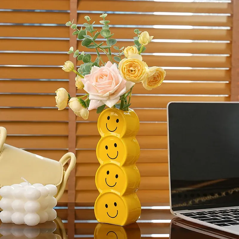 Filmes capiron cerâmica smiley face bud vaso amarelo pop arte moderna decoração para casa acessórios peça central sala de estar desktop escritório