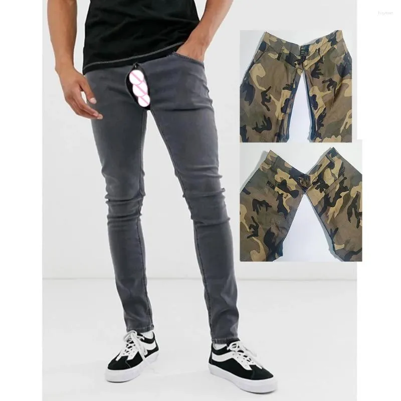 Herren-Jeans, unsichtbar, offener Schritt, Outdoor-Sexhose, Stretch, mittlere Taille, Skinny-Fit, schmale Cargo-Jeans, modische Baumwollhose