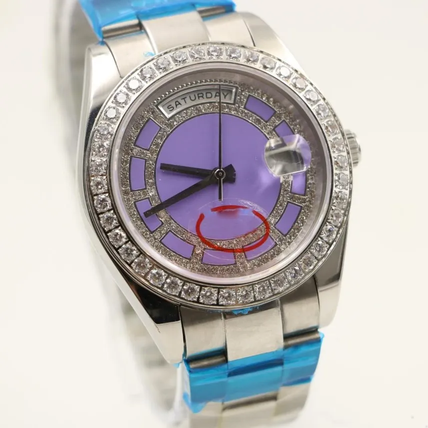 Montres automatiques pour hommes 40 mm Afficher le cadran rond violet avec une montre de montre en acier inoxydable diamant203l