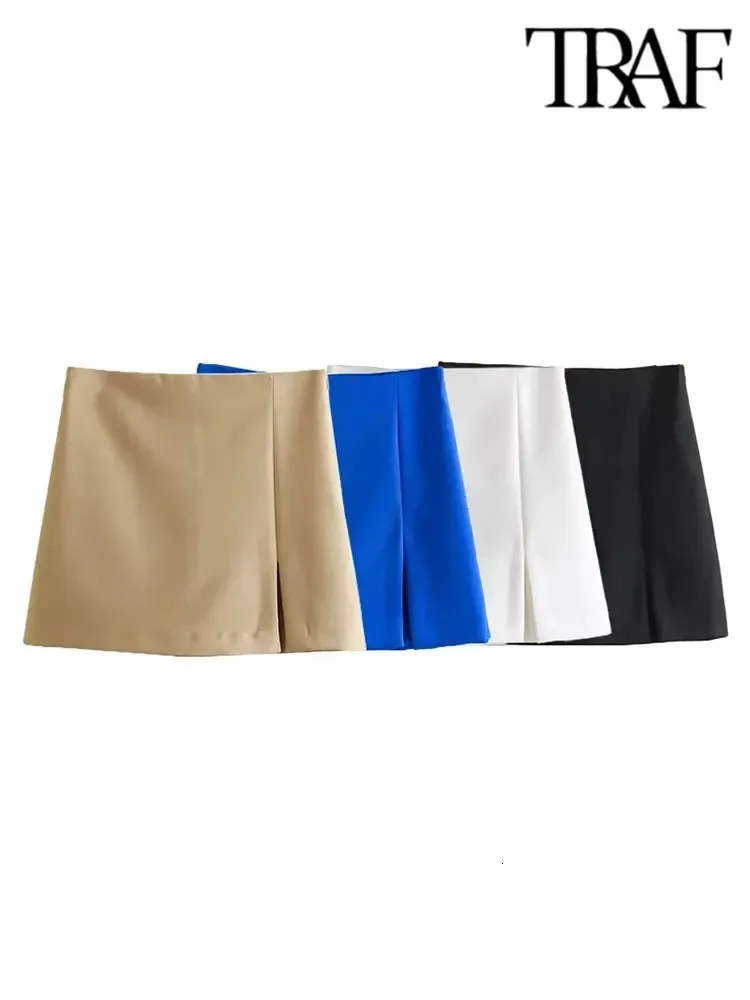 Traf Summer Fashion Women Shorts Skirts Split Front Zipper Side High Tailed Skorts Female Short Pants Y2K Streetwear 240326