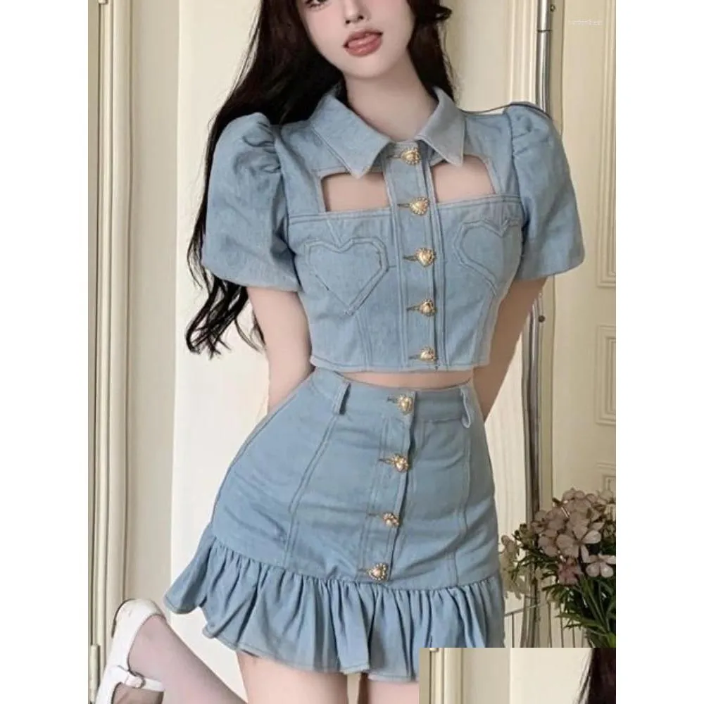 Work Dresses Summer Y2K Denim Two Piece Set Women Elegant Party Mini Skirts Suit Female Korean Fashion Hollow Out Casual 2024 Drop Del Otxpk