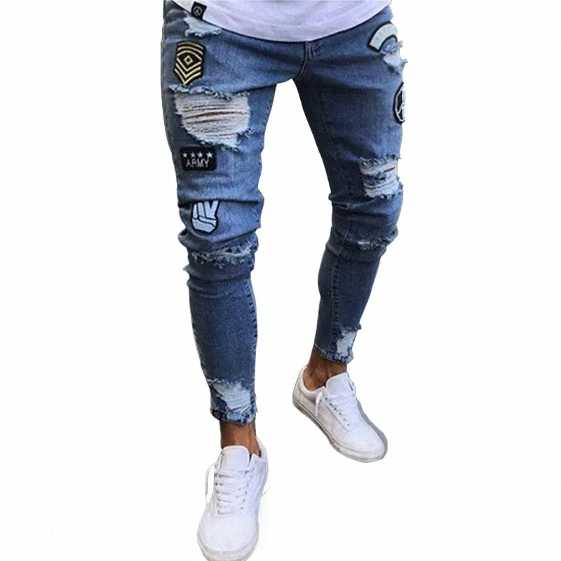 2023 Spring and Summer Hip Hop Ripped Men's Jeans Classic Blue Black Stretch Tight Fi Denim Trousers Street Casual Pants E6C1#