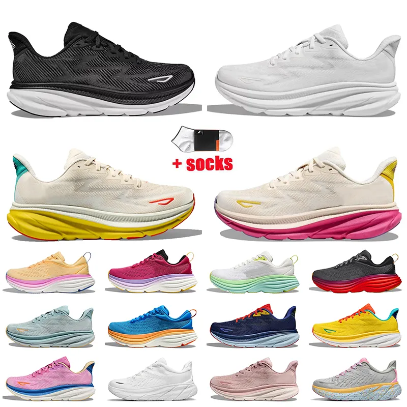 Clifton 9 Bondi 8 Hardloopschoenen Dames Heren Atletische Runners Sporttrainers Triple White Cyclamen Zoet Lila Roze Geel Free People Cloud Mesh Jogging Sneakers