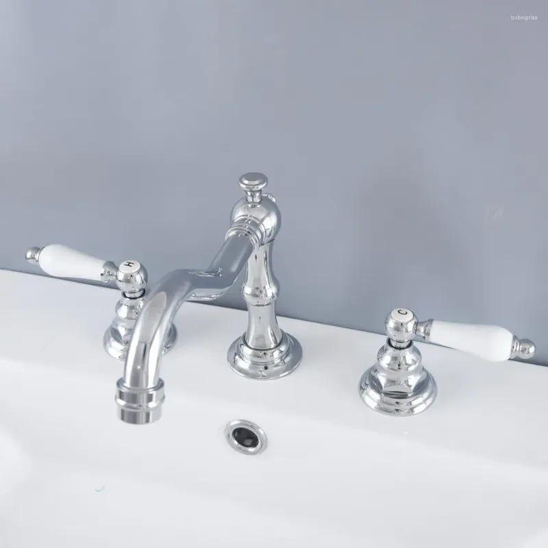 Bathroom Sink Faucets Polished Chrome Brass Widespread Dual Handle Washing Basin Mixer Taps Deck Mounted 3 Holes Lavatory Faucet Anf972