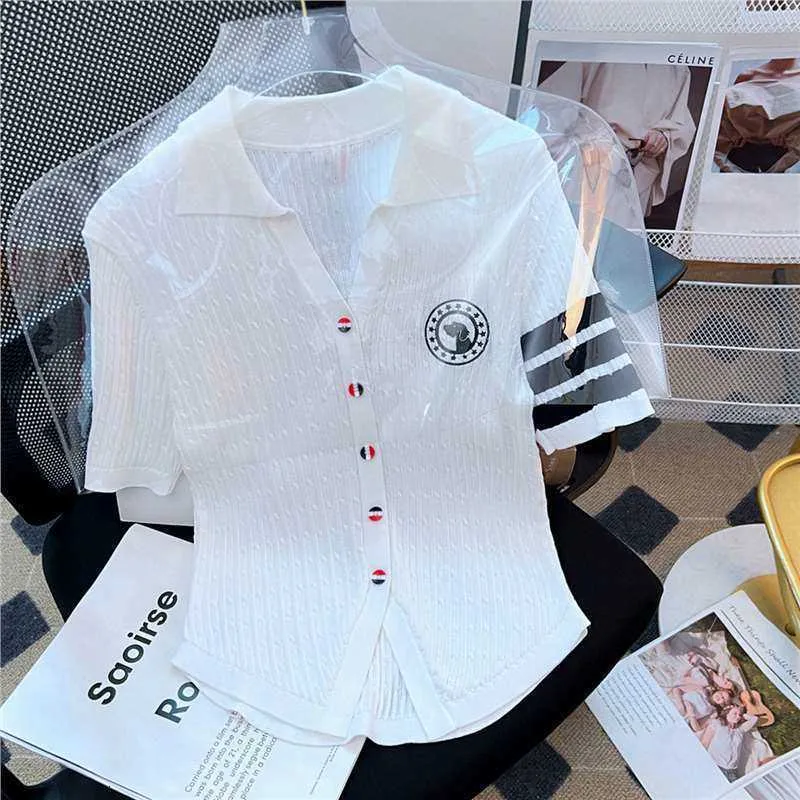 Tb Micro Seal Dog Embroidered Flip Collar White Ice Silk Short Sleeve Knitwear 2024 Summer New T-shirt Top Slim Fit