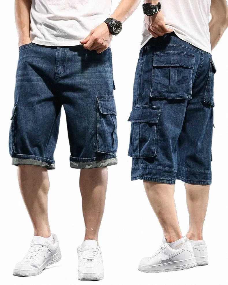 Männer Denim-Shorts mit weitem Bein und mehreren Taschen, 7-Punkt-Arbeits-Cargo-Jeans-Shorts, Fett, Plus-Size-Denim-Shorts für Männer K6NR #