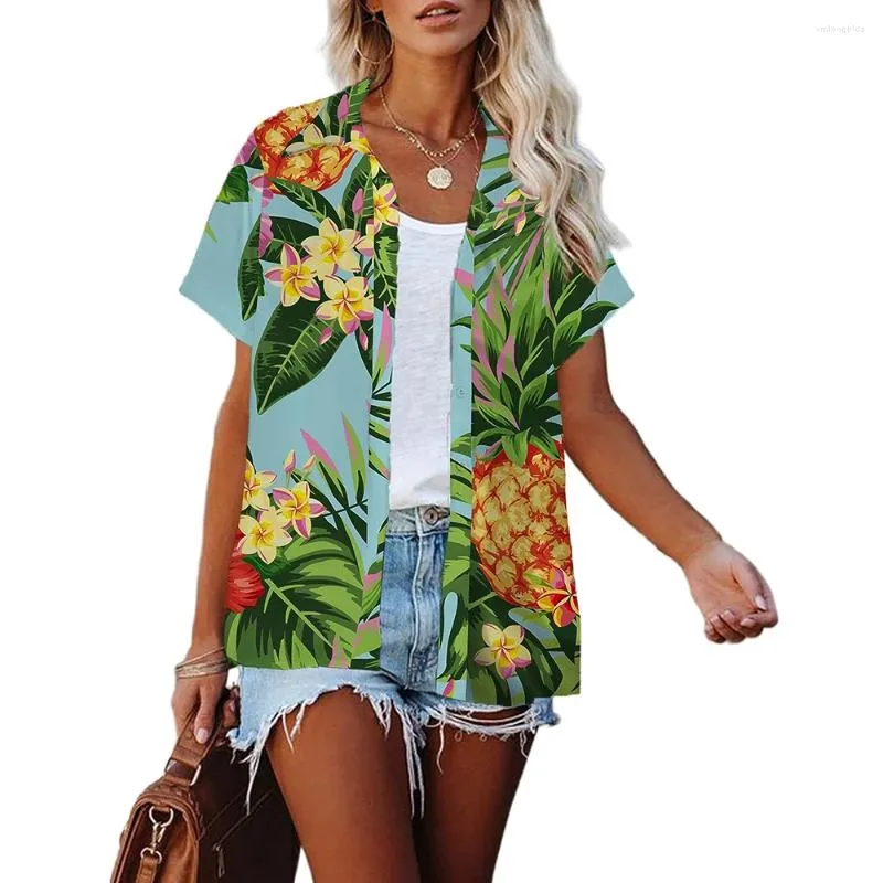 Camicette da donna Bottoni a maniche corte Camicia hawaiana Donna Estate Stampa floreale Spiaggia Manica corta Casual Luau Top Camicie natalizie