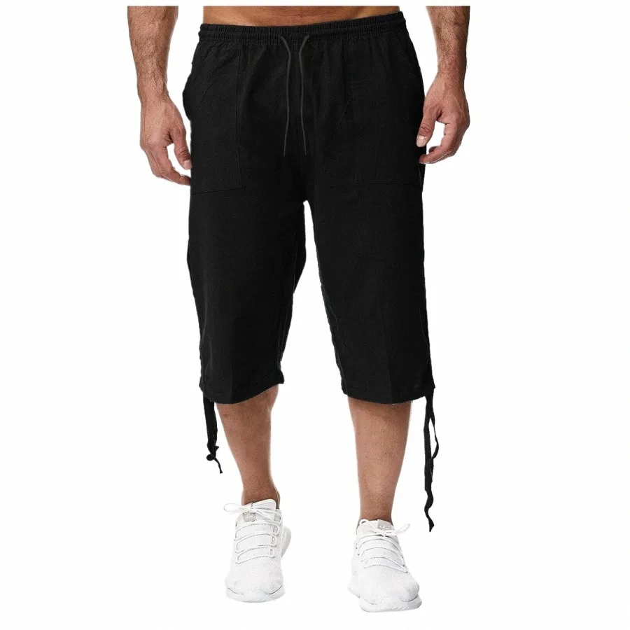 linne korta män 3/4 längd knästorlek stor storlek hög midja plus storlek 3xl Bermuda shorts manliga lg mäns sommarbyxor 5145#