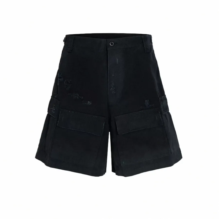 Mens Vintage Black Cargo Dungaree Shorts With Ripped Details And Wide