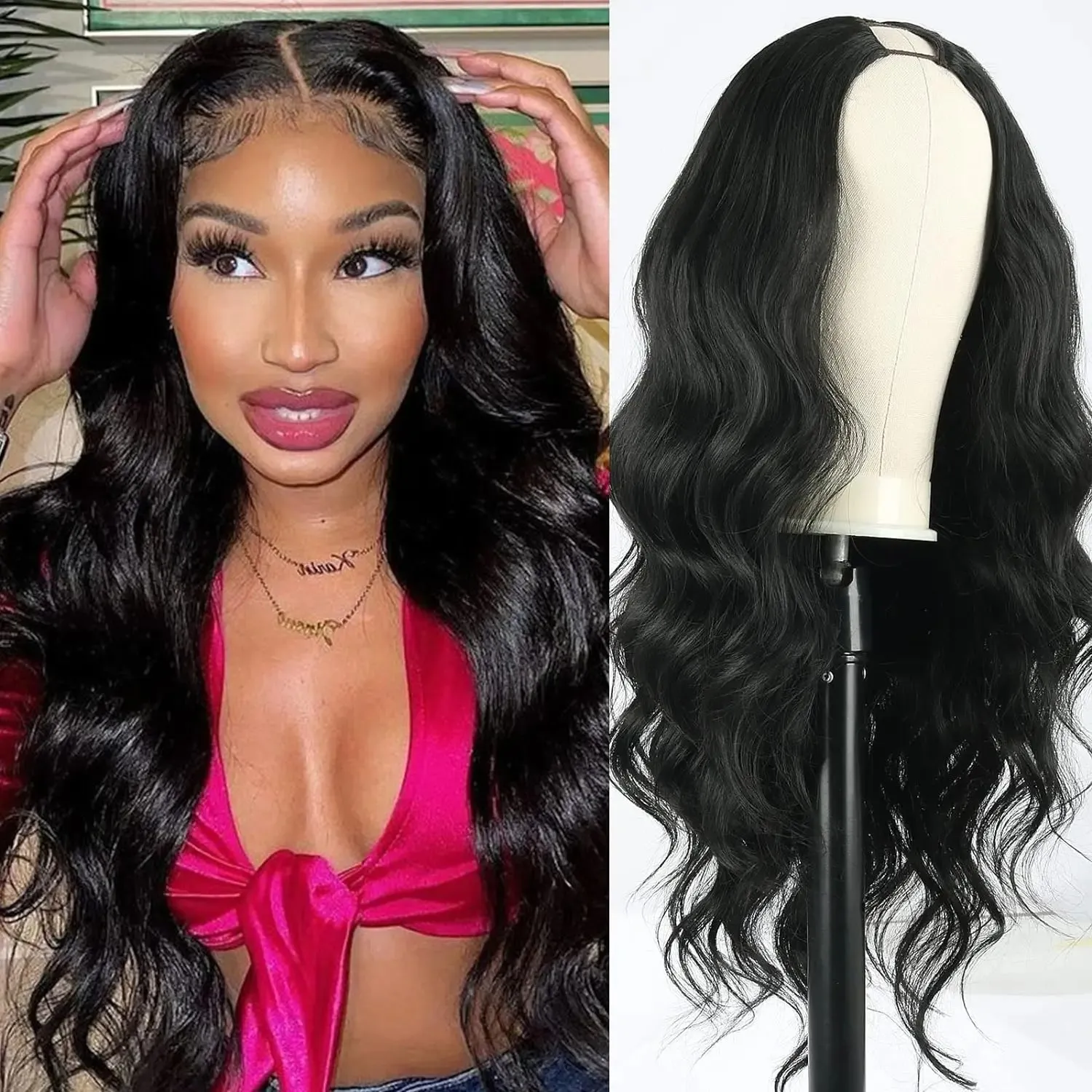 V-deel Pruik Body Wave Synthetische Pruiken voor Vrouwen 24 inch Zwart haar V-deel Pruiken Lijmloze Volledige Hoofd Clip in Half Pruiken Geen weglaten