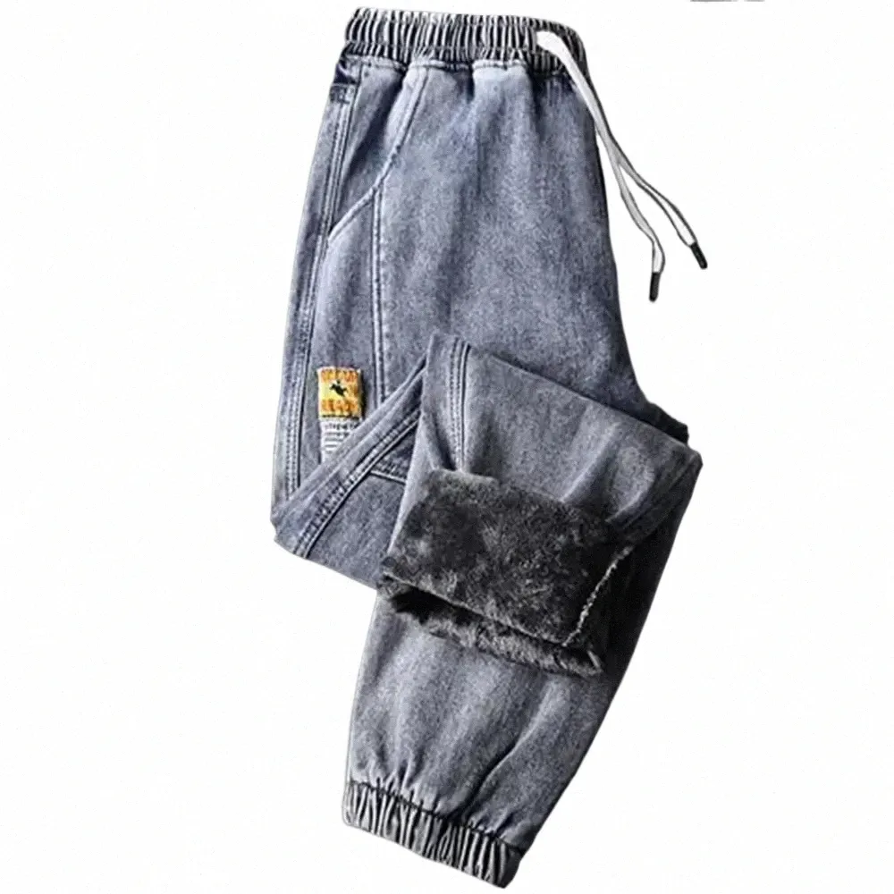 2022 Nya män jeans vinterfleece jeans tjocka varma denim byxor män streetwear svarta joggar harem jean termiska byxor a9wt#