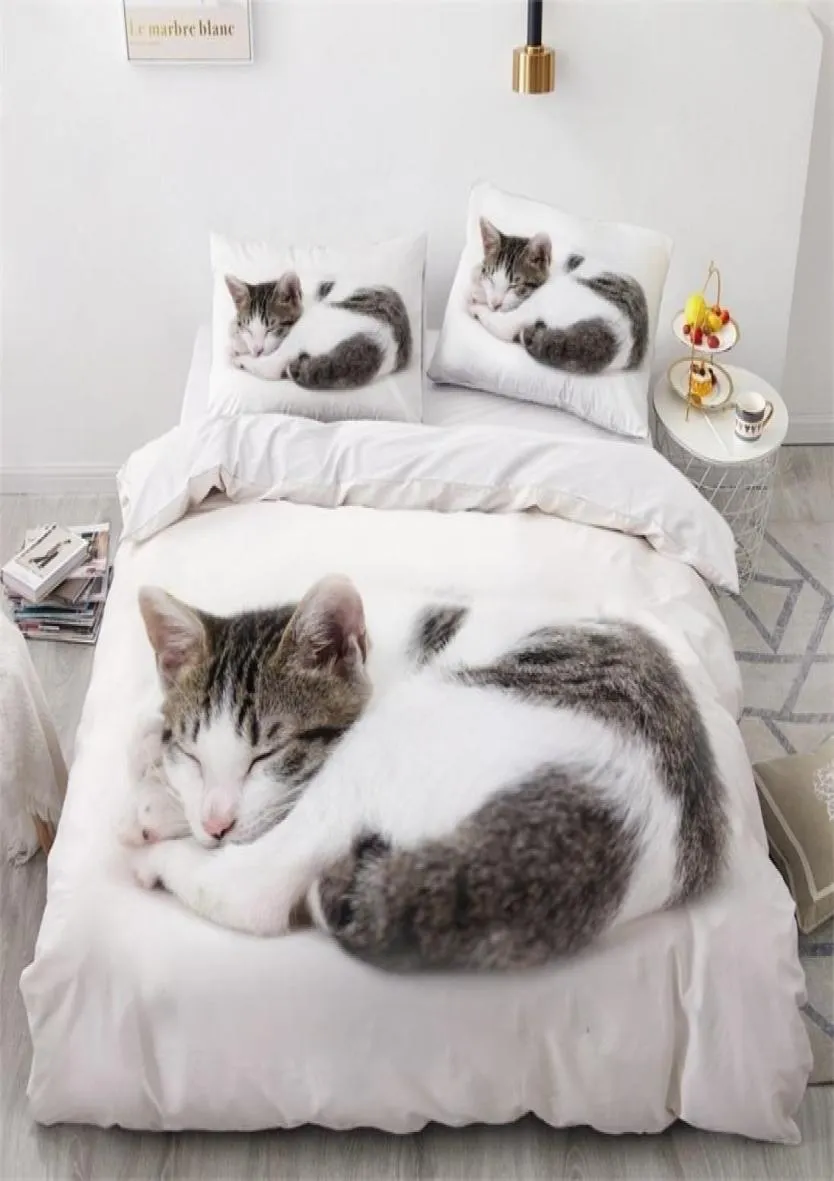 3D -sängkläder set vit täcke täcke täcke set compefer säng linnet kudde king drottning 140210 cm size hunds husdjur katt katt design 210313090185