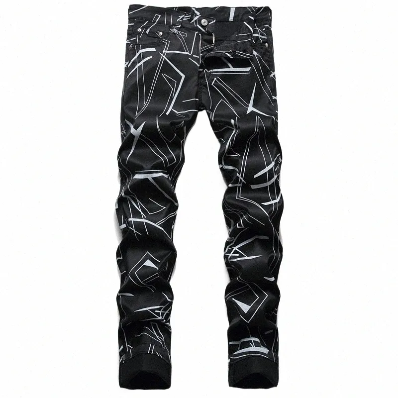 men's Digital Print Jeans Fi Pattern Painted Stretch Denim Pants Slim Tapered Trousers Black White b9x0#