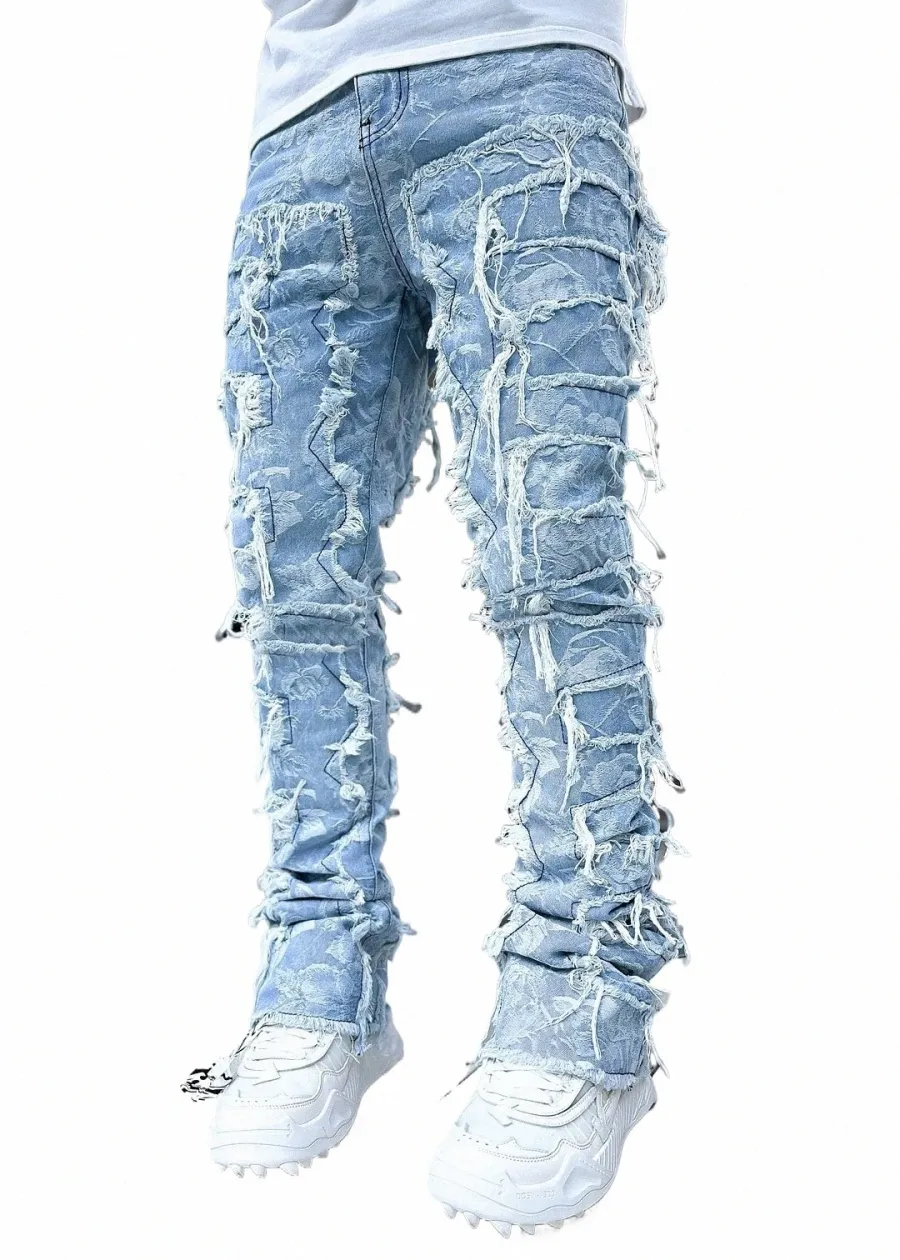 伸びた男性の積み重ねられたジーンズパッチワークタッセルダメージズボンのズボンのズボンは、ハイストリートヒップポップフルレングスデニムパンツ21gg＃