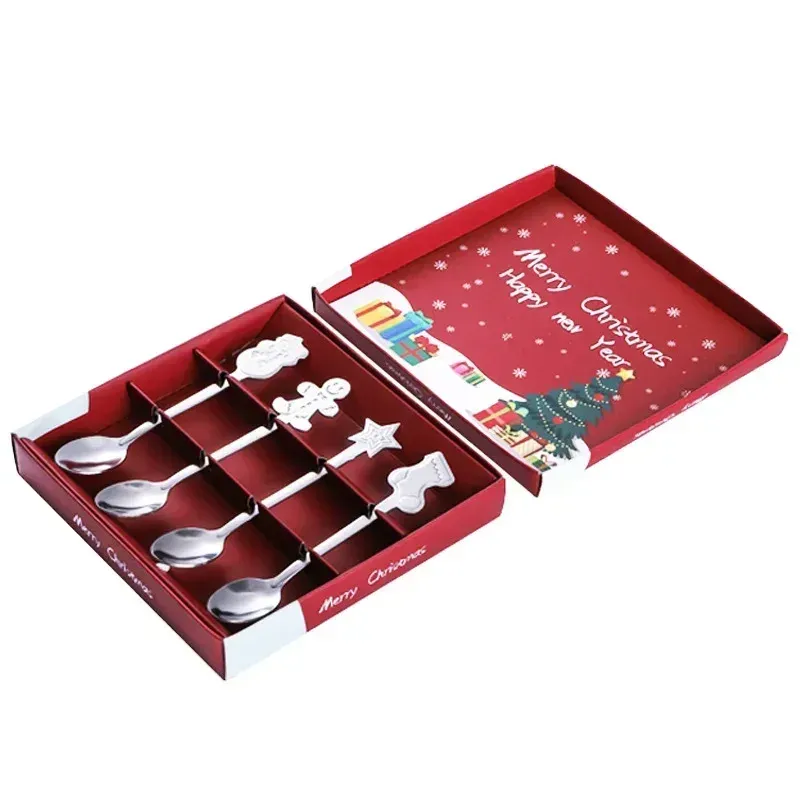 2024 Christmas Coffee Spoons with Gift Box Teaspoons Dessert Stainless Steel Spoons Tableware Christmas Gift New Year 2022