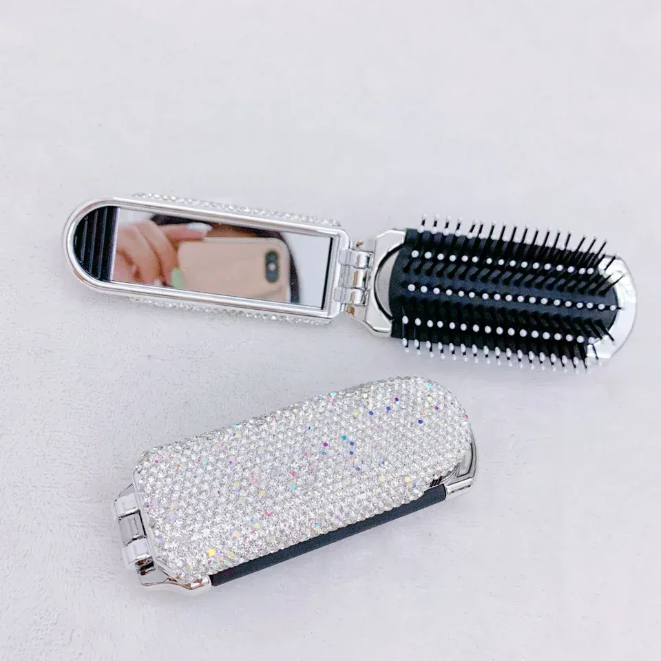 Mirrors Mini Portable Folding Comb Mirror Diamond Air Cushion Bling Rhinestone Cosmetic Travel Pocket Hair Brush Makeup Tool